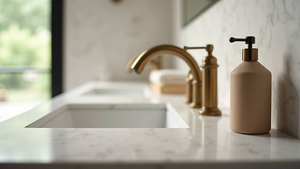 Close-up view of quartz countertop with brass faucet in bathroom