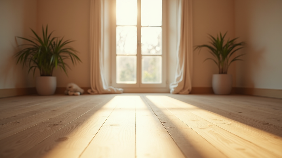 Eye-level view of a serene yoga studio with natural light