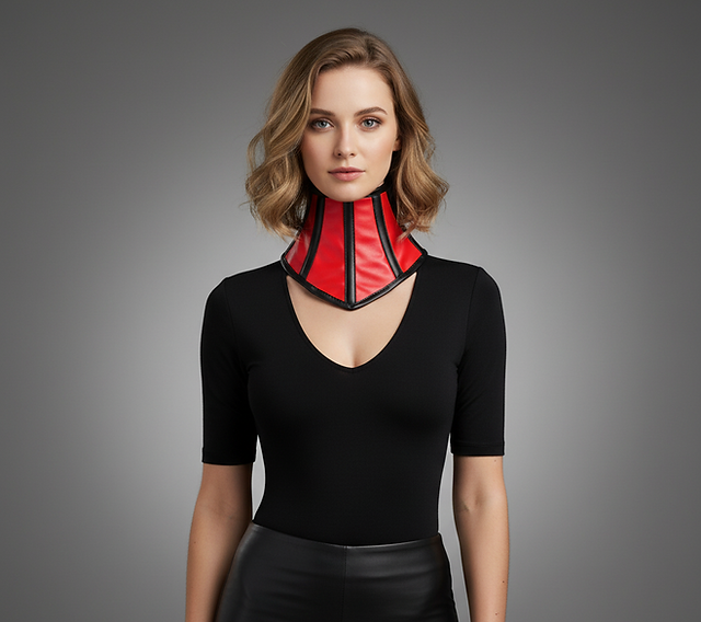 a female model is showcasing red and black faux leather neck corset belt