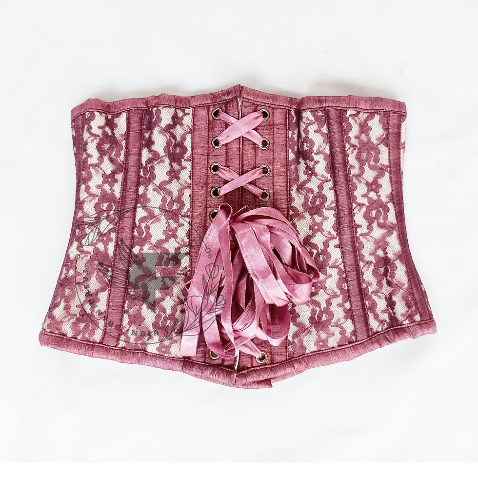 Thumbnail: An image of a raw silk corset with a delicate floral mesh overlay, accentuating the underbust area and waistline