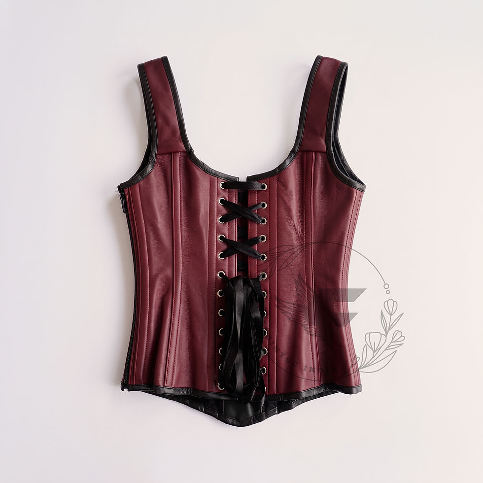 الصورة المصغرة: Burgundy leather corset top laid flat, back view, with the full grommet lace-up and black satin laces