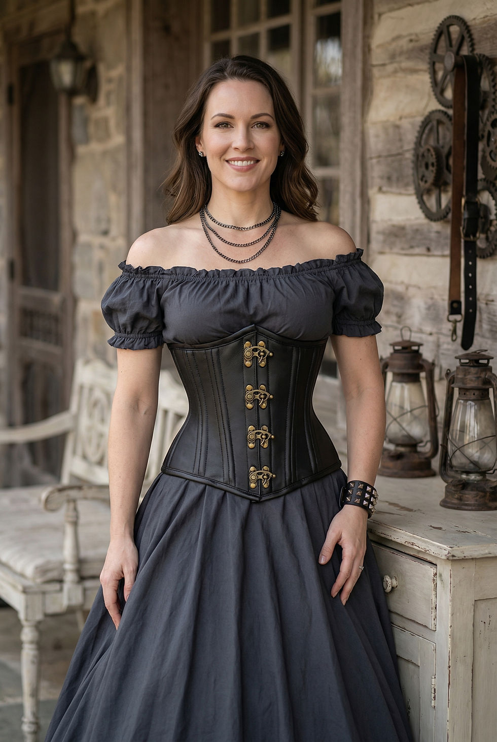 A Female Model is Wearing Black Genuine Leather Waist Trainer Corset