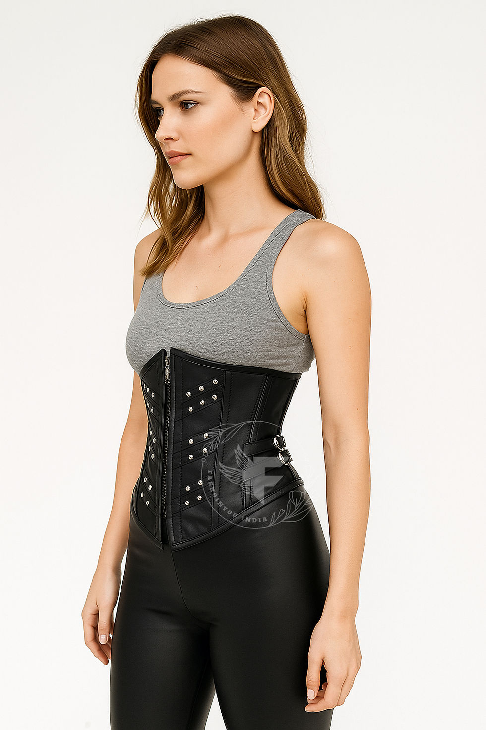 Black leather shapewear corset belt with gothic punk design