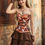 縮圖：Model wearing an abstract print satin overbust corset with brown faux leather detailing