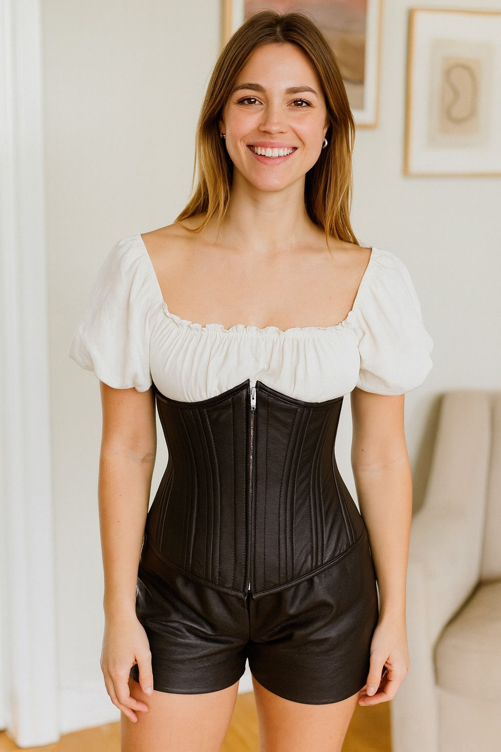 Female Model is showcasing Leather Steel Boned Waist Trainer