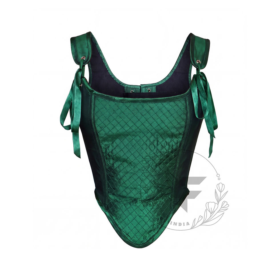 Green satin diamond quilted Renaissance bustier corset top with wide straps and scoop neckline
