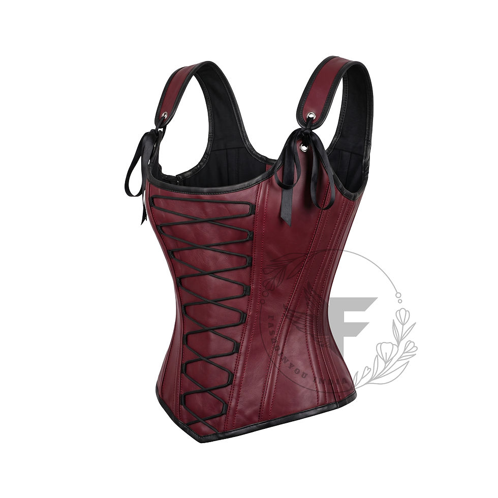 Thumbnail: Side view of a burgundy leather overbust corset showing the curved waist shaping, stitched boning channels and black leather