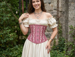 Eye-level view of a model wearing a onion pink mesh underbust corset with layered bohemian accessories