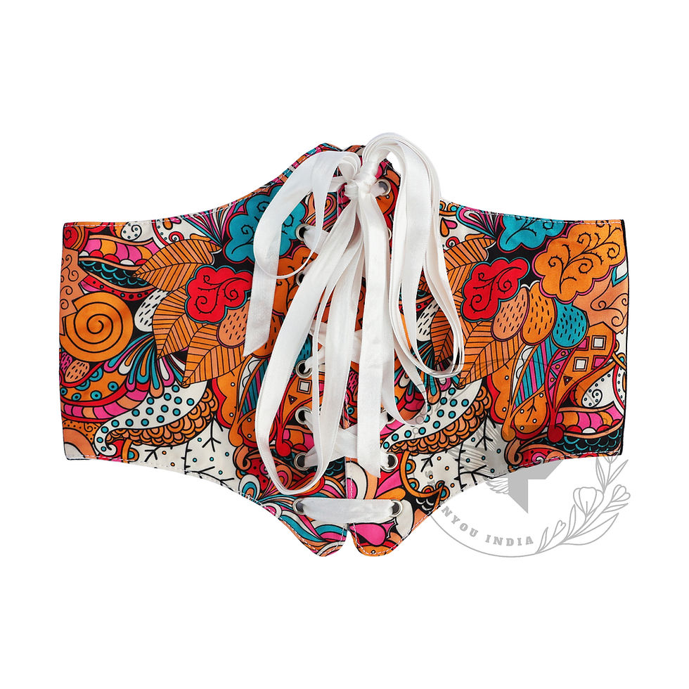 الصورة المصغرة: Detailed view of luxury underbust corset belt with abstract floral print design