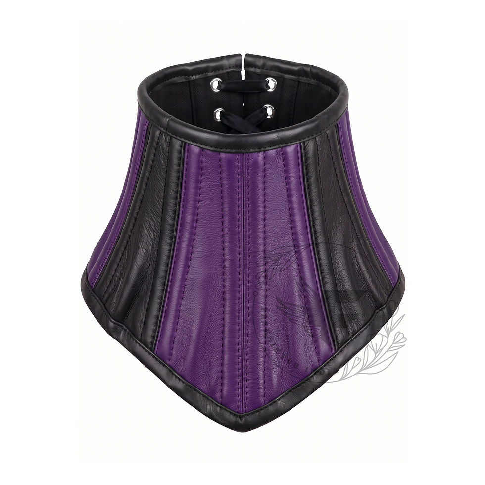 縮圖：Purple and black genuine leather neck corset choker, front view, with vertical stitched panels and black leather piping