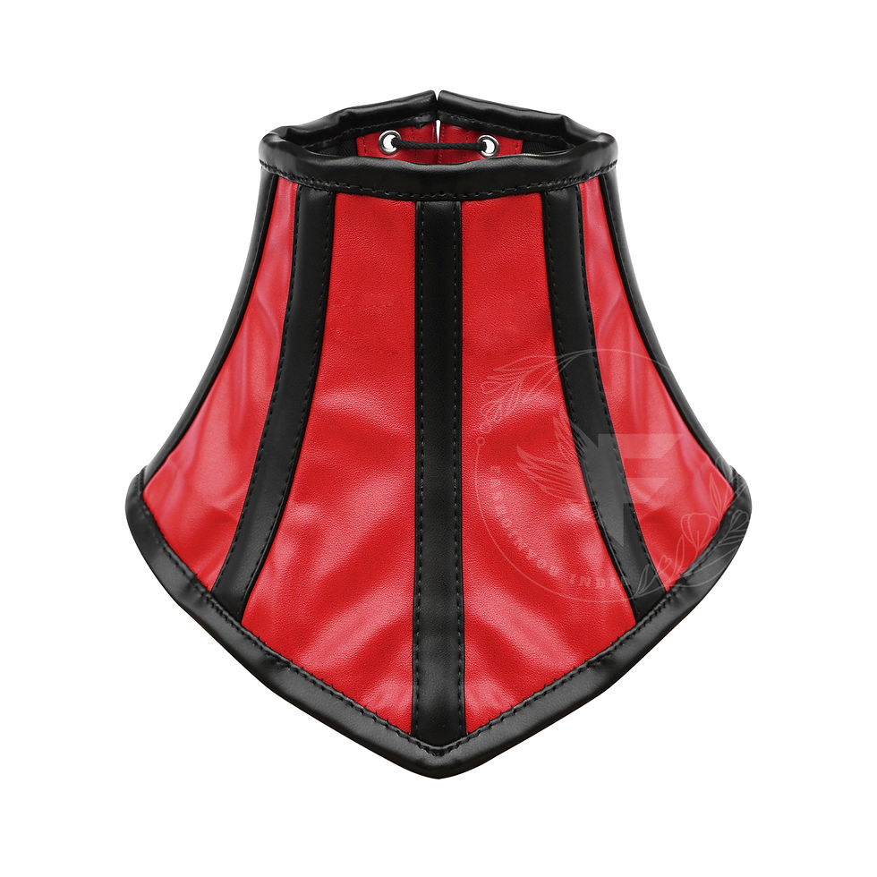 Front view of red and black faux leather gothic neck corset