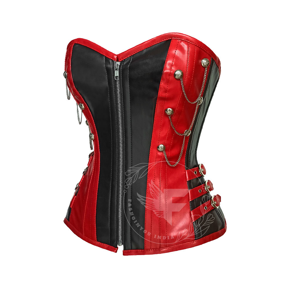 Миниатюра: Gothic Punk Costume Corset: Red Faux Leather Overbust with Waist Reduction Design
