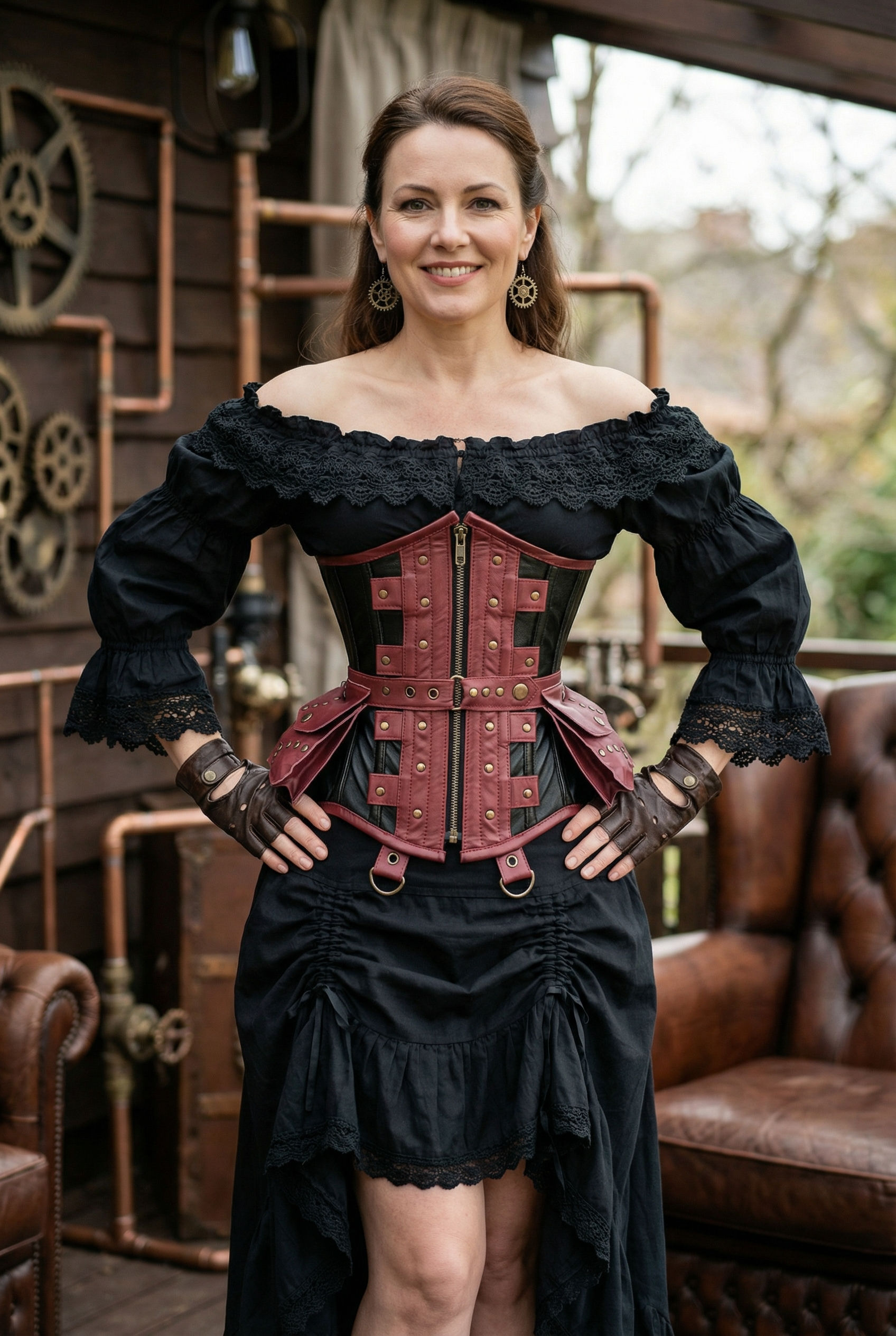 A female model is showcasing burgundy black leather underbust steampunk corset