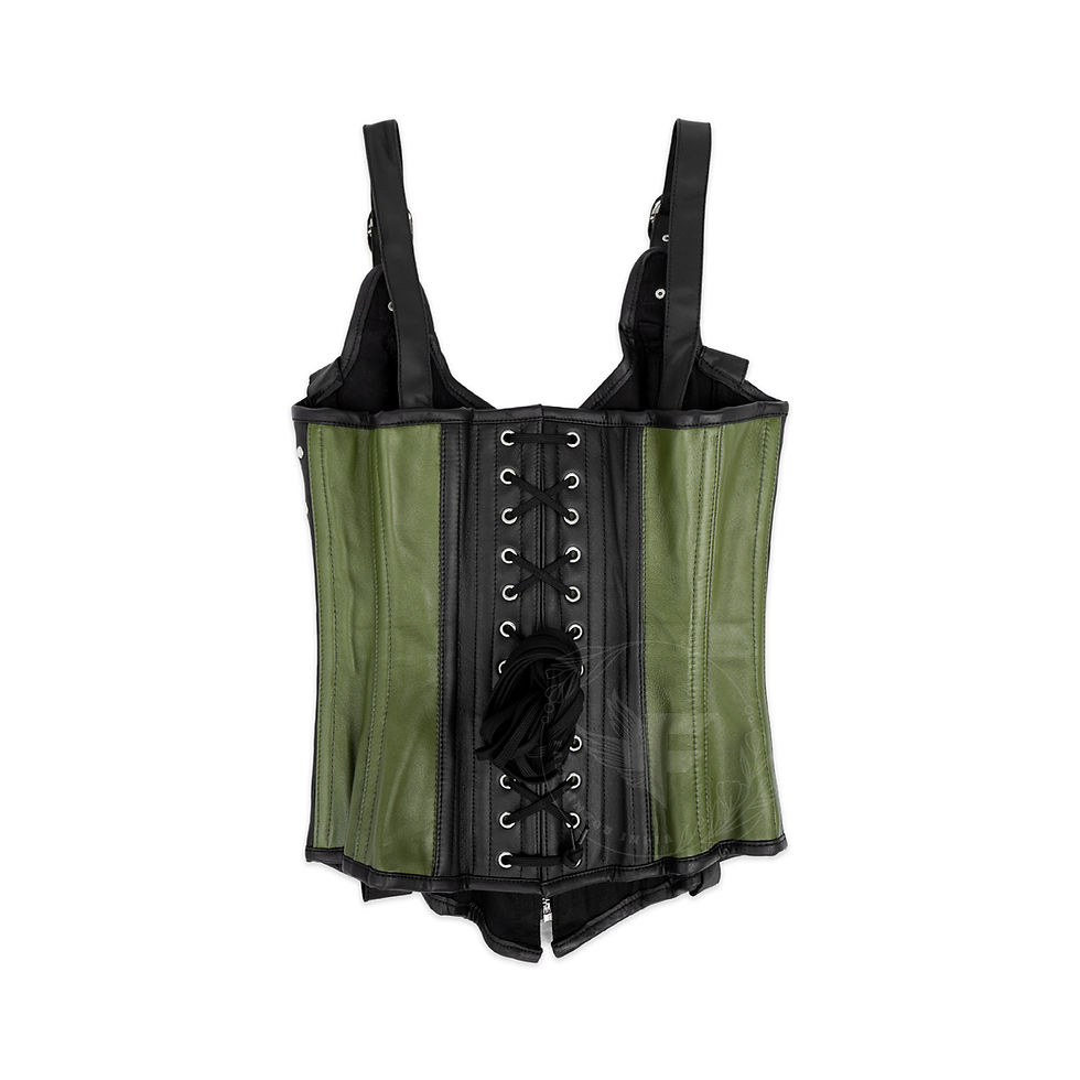 Thumbnail: Women’s gothic steampunk corset, overbust leather design in army green and black with zipper back