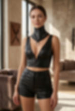 a female model is showcasing Genuine Leather Neck Corset