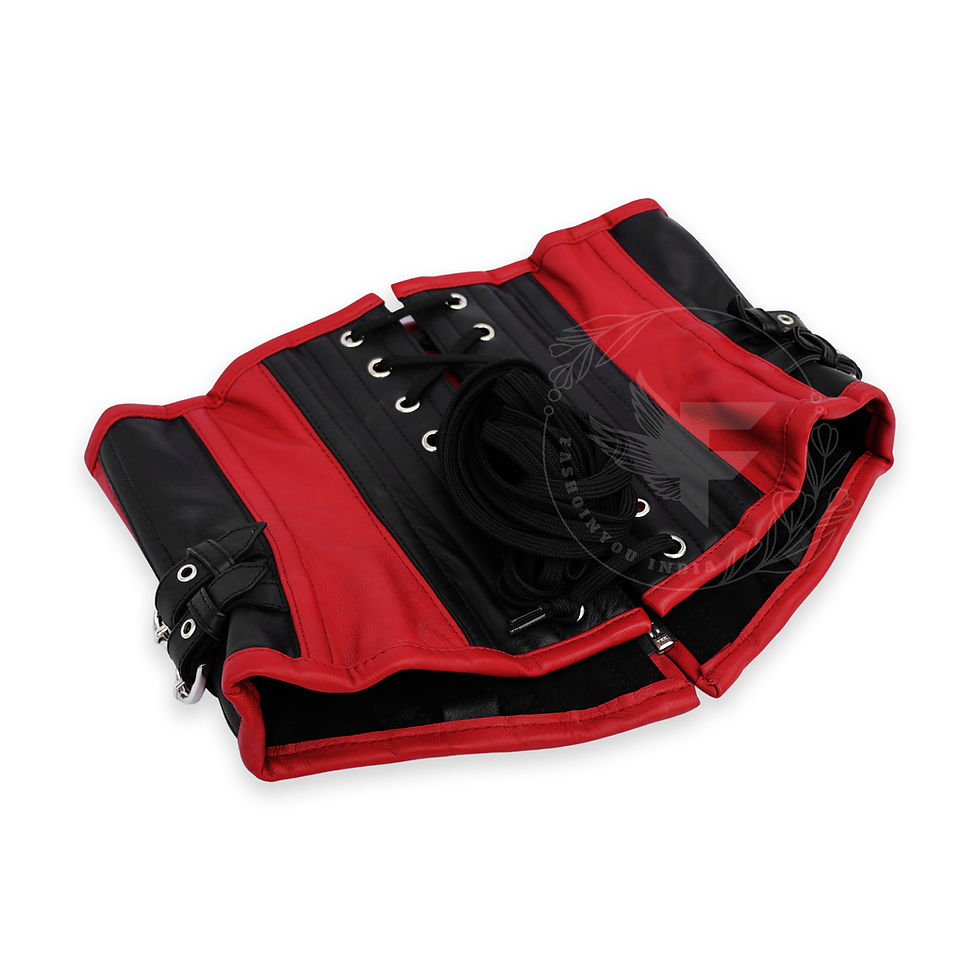 Thumbnail: Alternative fashion corset belt in red and black leather with steel boning