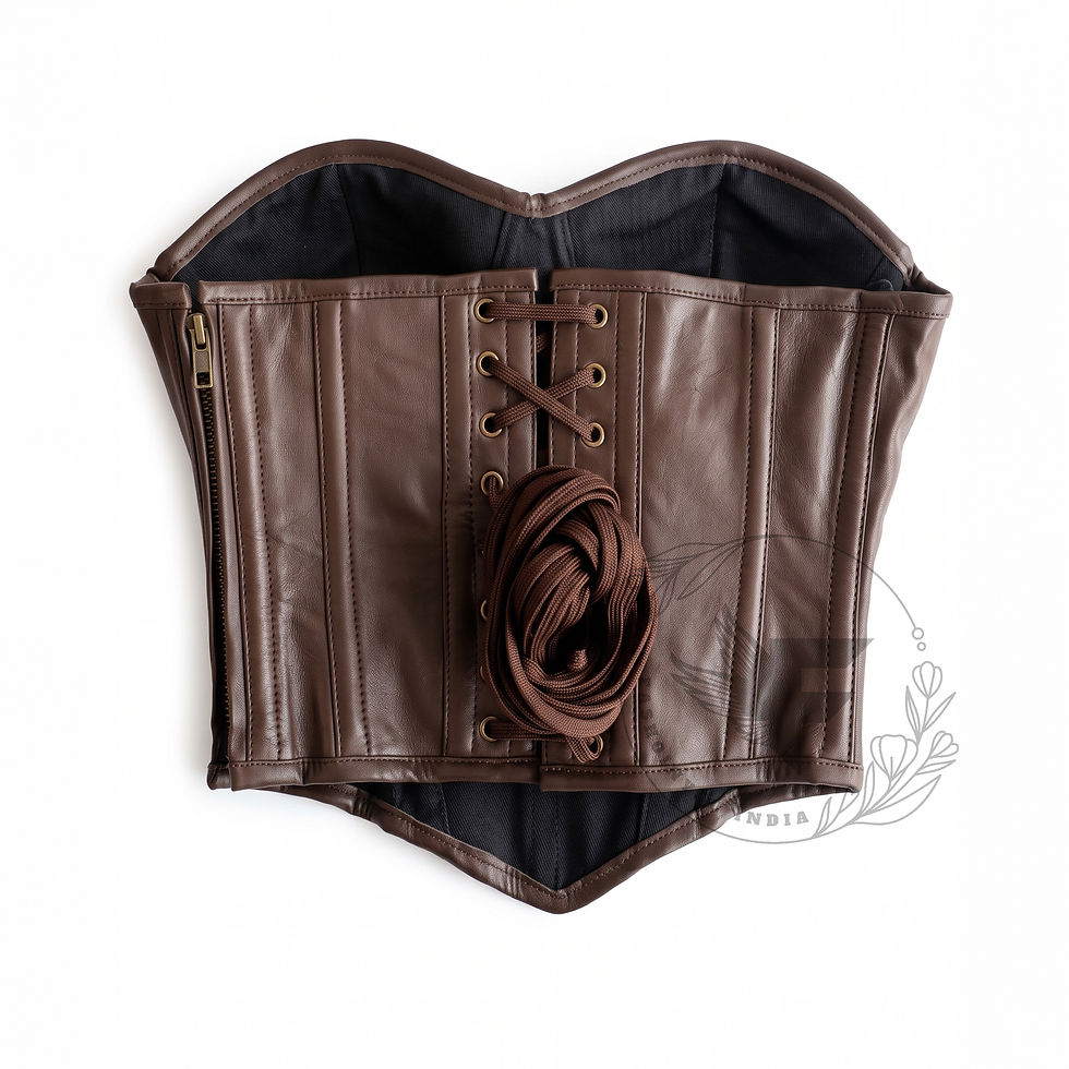 Miniaturbild: Flat lay back of coffee brown corset top with brass grommets and loose brown laces