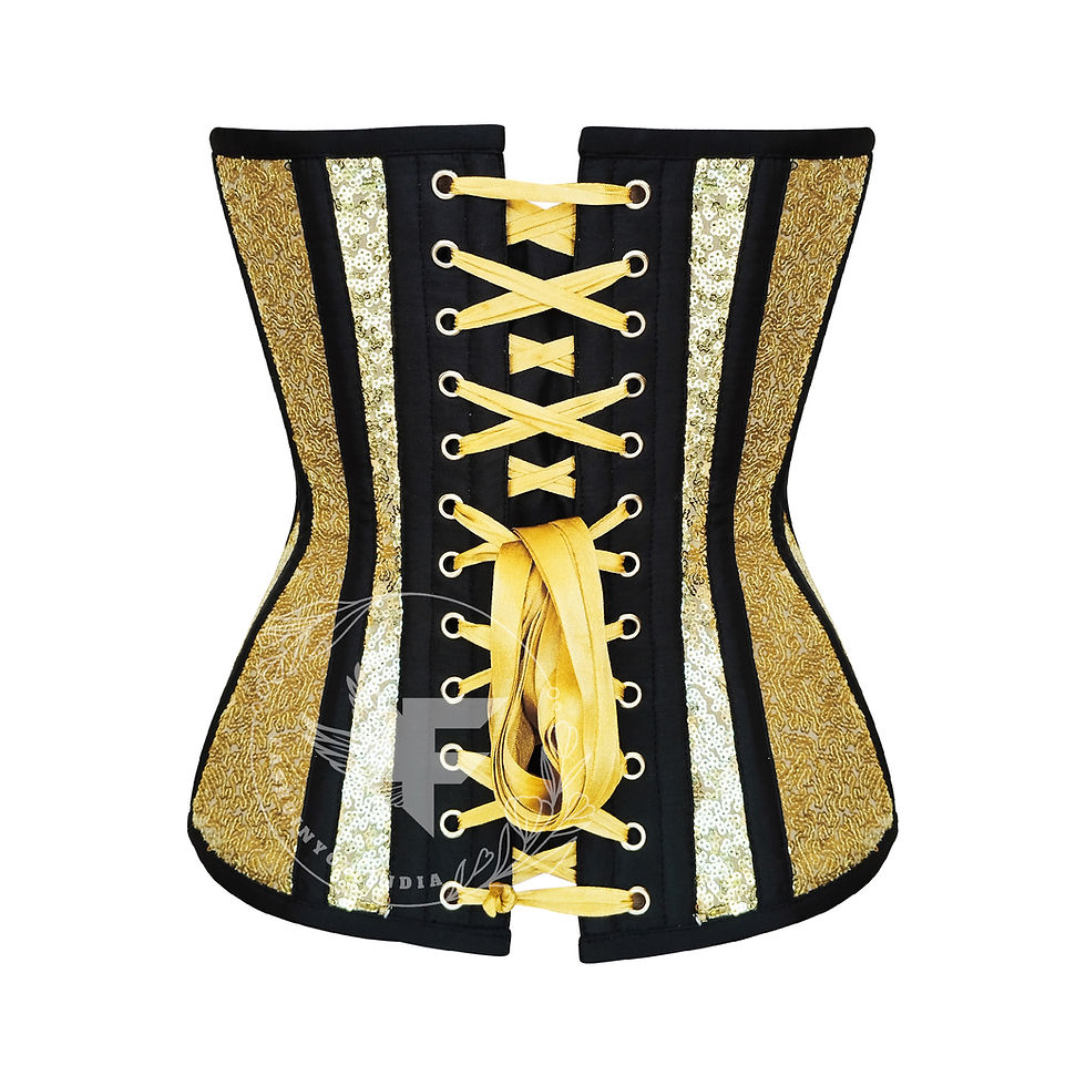 Миниатюра: A visual depiction of an exquisite gold and black sequin corset top with an overbust silhouette, radiating elegance and glamo