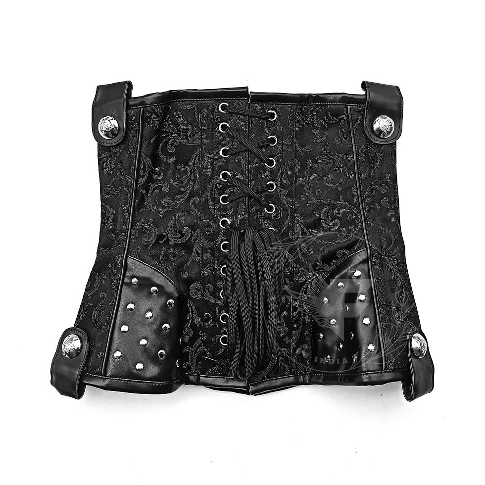 الصورة المصغرة: Unique Style - Black Brocade and Faux Leather Corset for Alternative Fashion