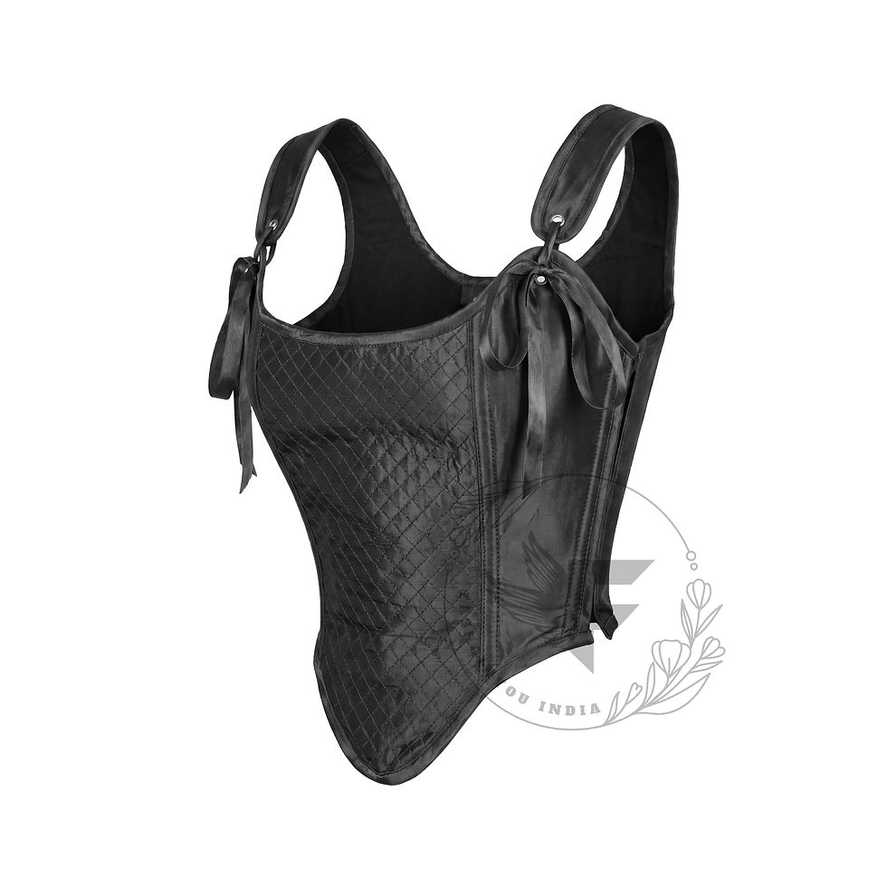 サムネイル： Side view of black taffeta bustier corset top showing fitted silhouette and pointed hem