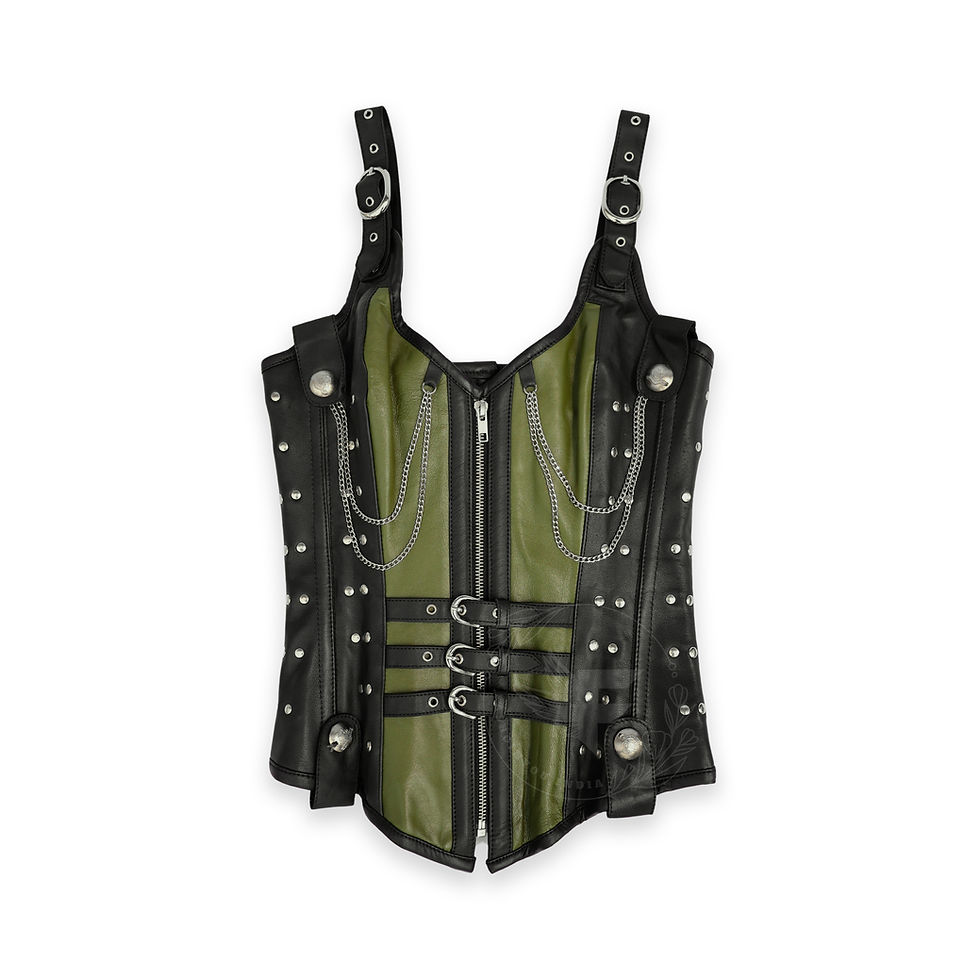 Thumbnail: Women’s gothic steampunk corset, overbust leather design in army green and black with zipper front