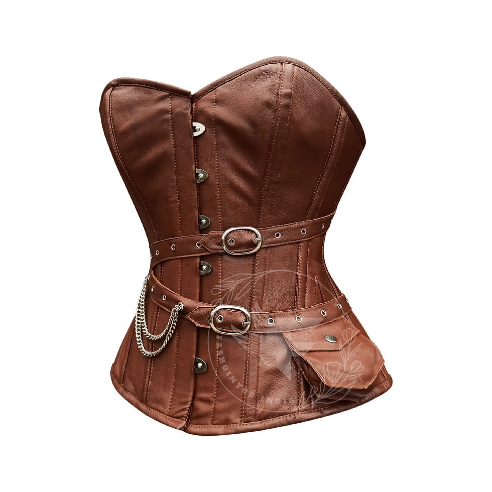 Thumbnail: Genuine Leather Overbust Corset - Brown Steampunk Style with Steel Boning