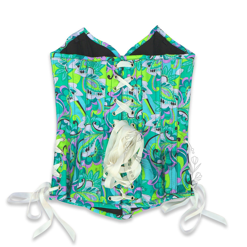 الصورة المصغرة: Back View of Printed satin overbust corset in green and turquoise