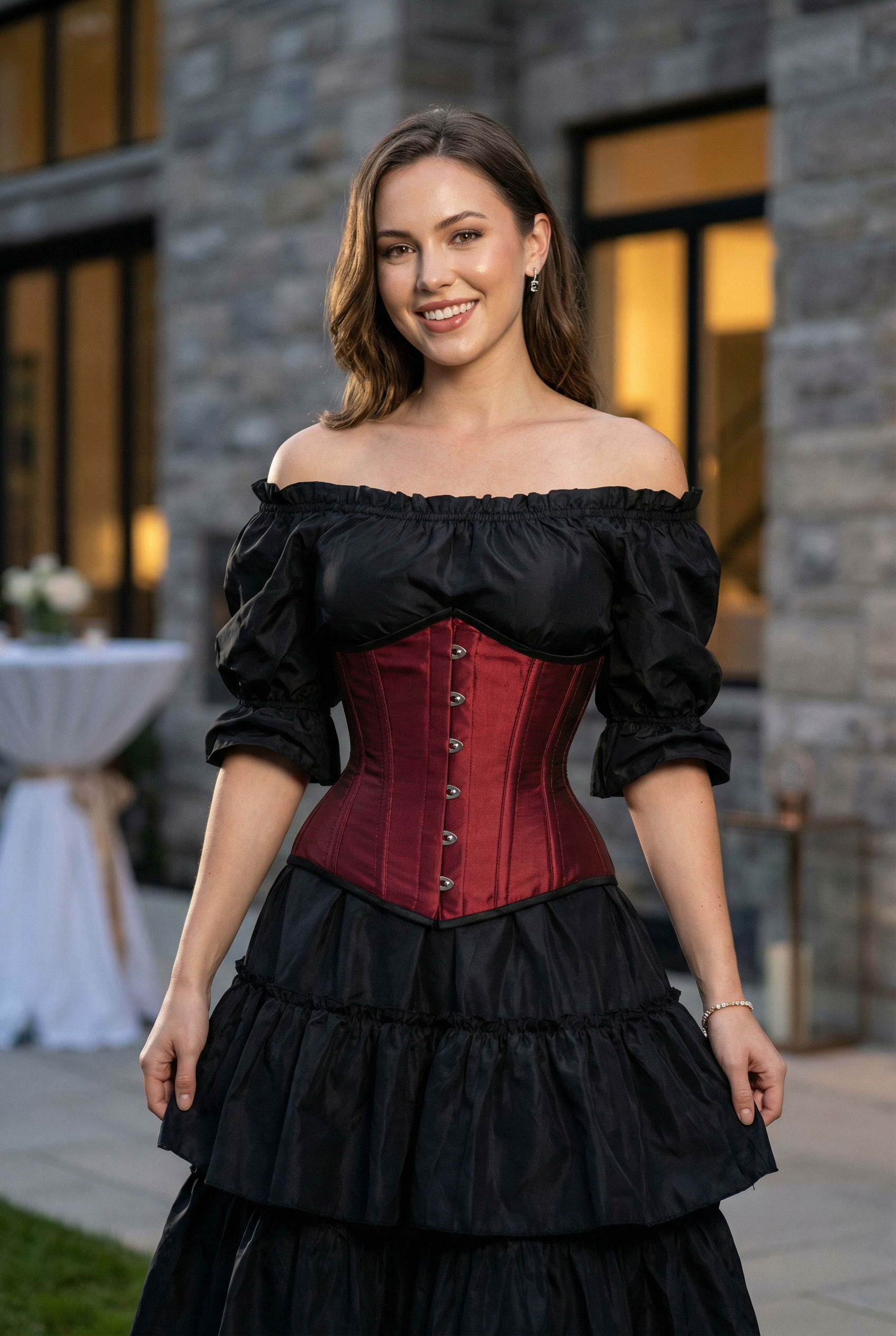 a female model is showcasing silk taffeta waist shaper underbust corset