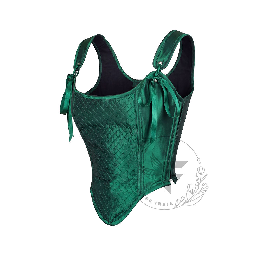 Миниатюра: Side view of emerald green taffeta bustier corset top showing fitted silhouette and pointed hem