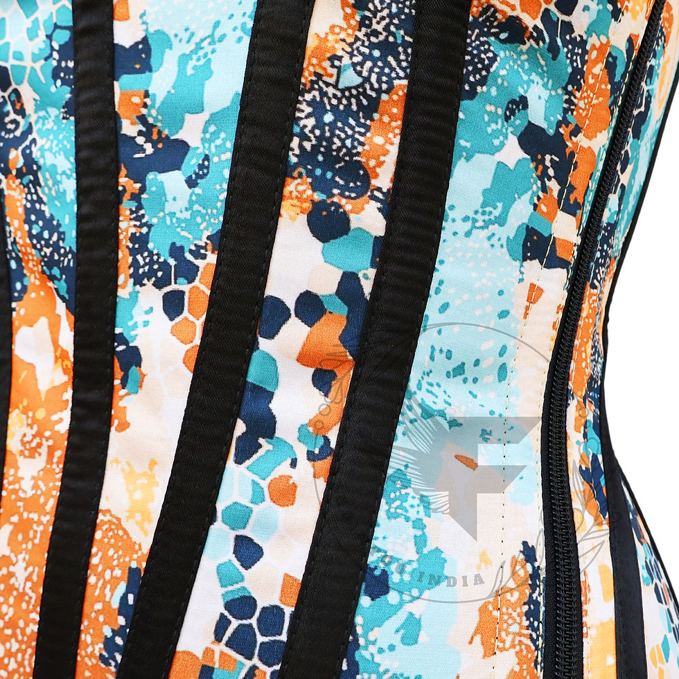 Thumbnail: Close-up of the intricate floral or damask print on the satin fabric of the overbust corset bodice.