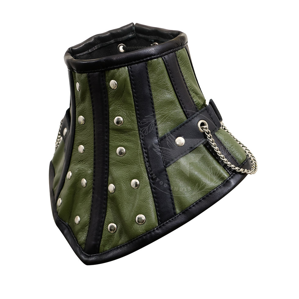 Miniaturbild: Women’s gothic neck corset, army green and black leather with adjustable lacing