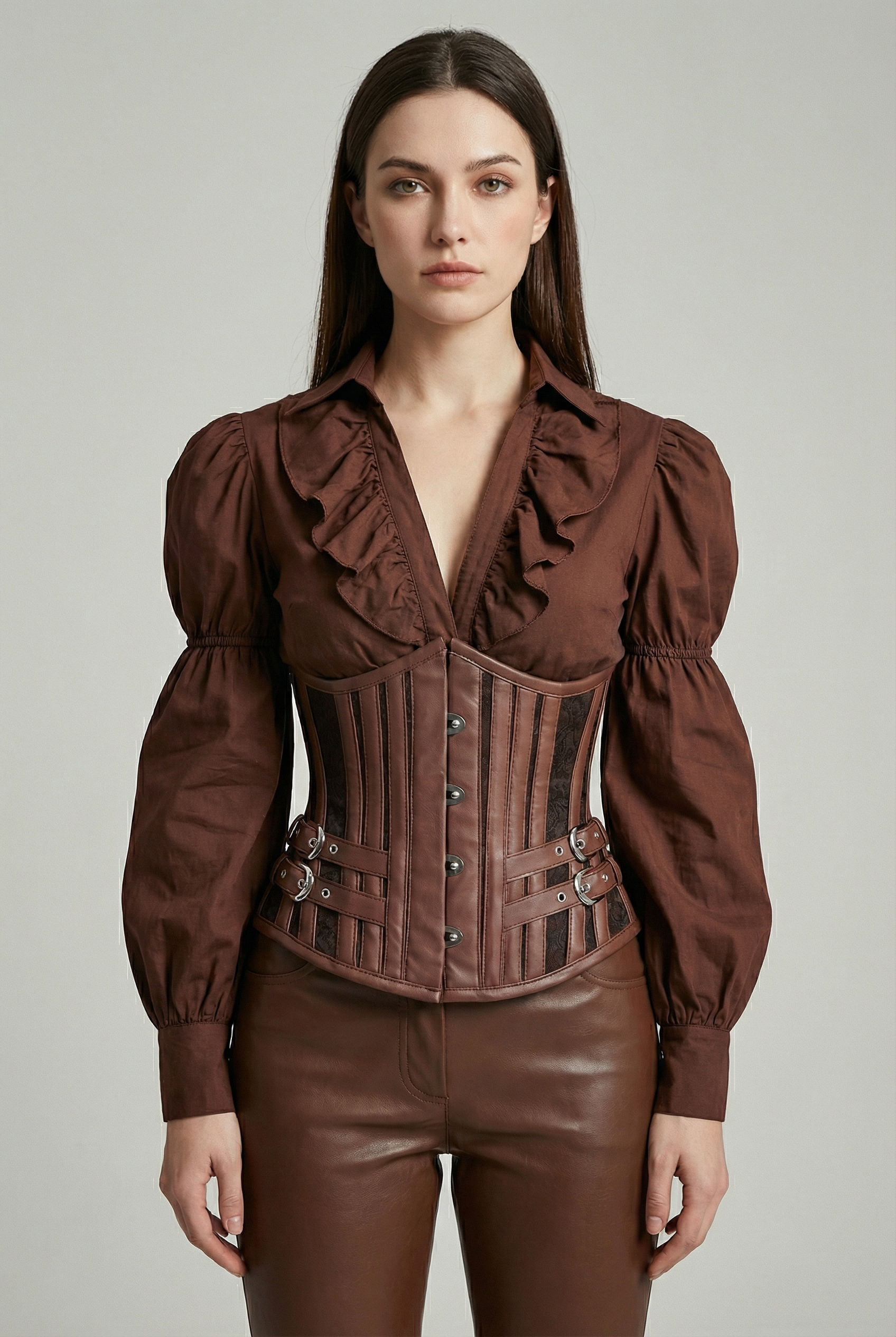 a female model is showcasing Brown Brocade and Faux Leather Steampunk Corset