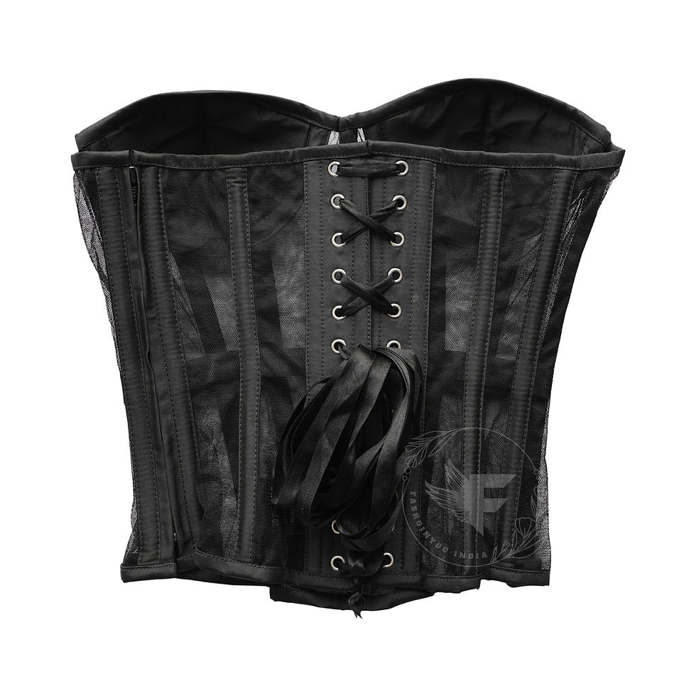 Thumbnail: Stylish black steel boned corset with sheer mesh and strong shaping structure