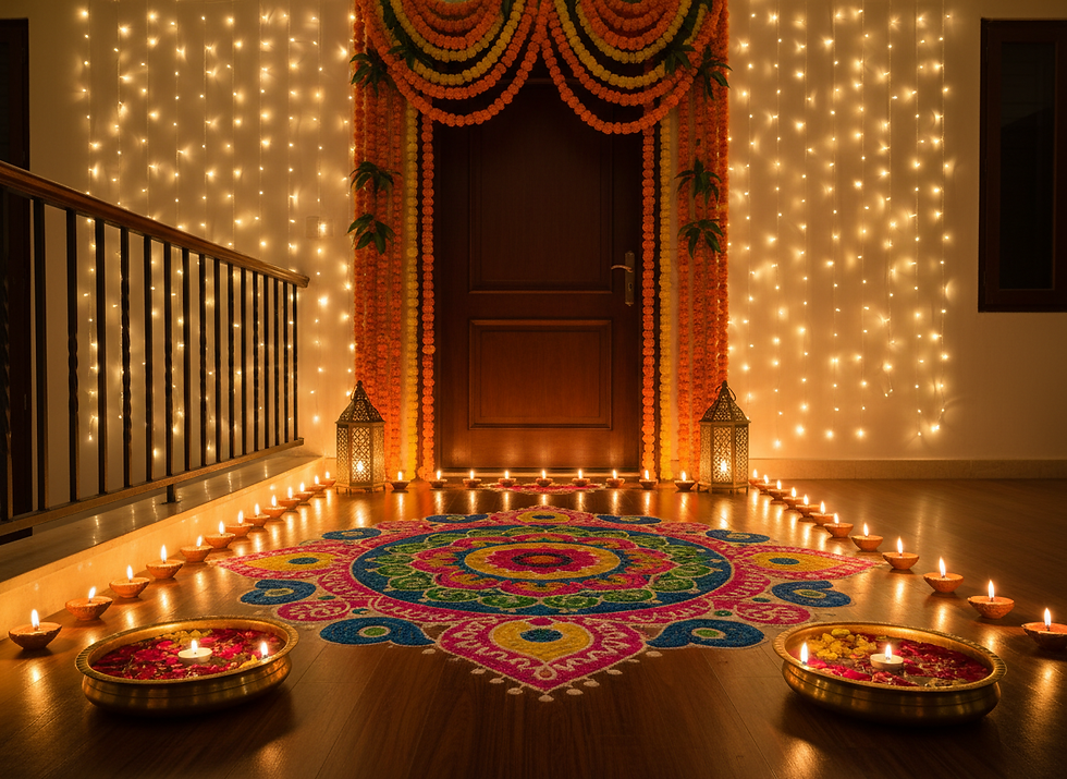 Diwali home decoration with diyas, marigold garlands and rangoli