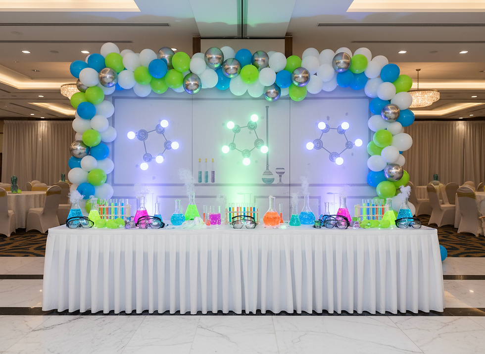 AI concept image of a science lab theme birthday setup with matching balloons