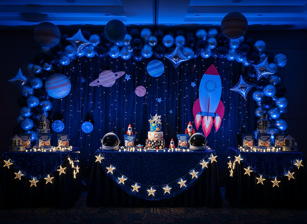 AI concept image of a space and rockets theme birthday setup with matching balloons