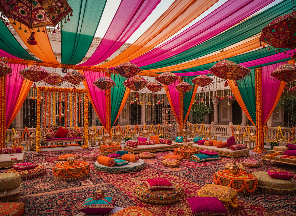 Mehndi decoration with colourful drapes and umbrellas