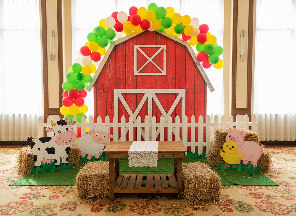 AI concept image of a farm animals theme birthday setup with matching balloons