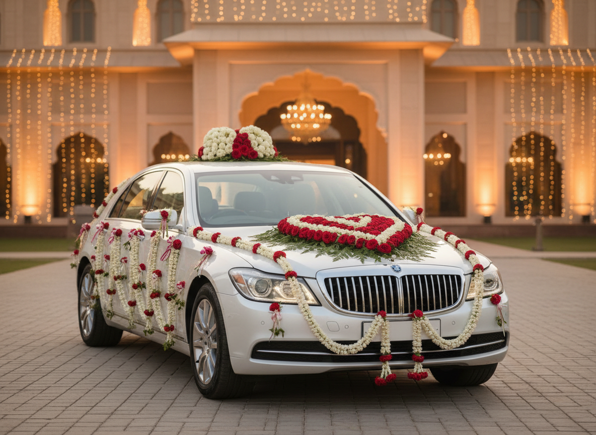 Wedding car decoration with a rose heart on the bonnet and floral strings – Birthday Bazaar, Delhi NCR