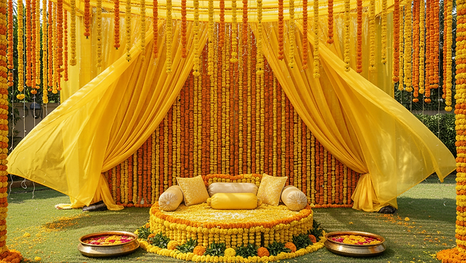Haldi decoration with marigold flowers