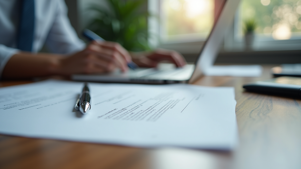 Eye-level view of a modern office desk with contract documents and a pen