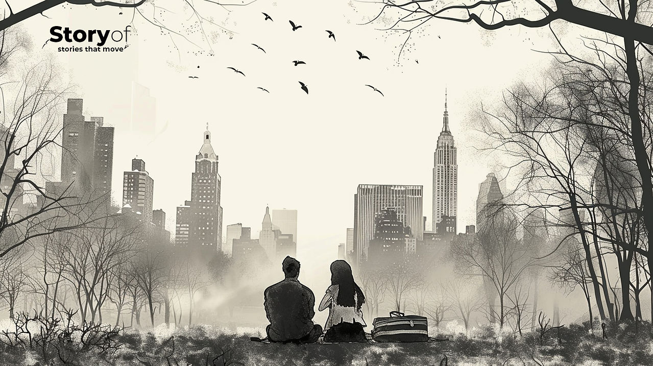 Frame from a wedding animation showing a couple’s picnic in New York