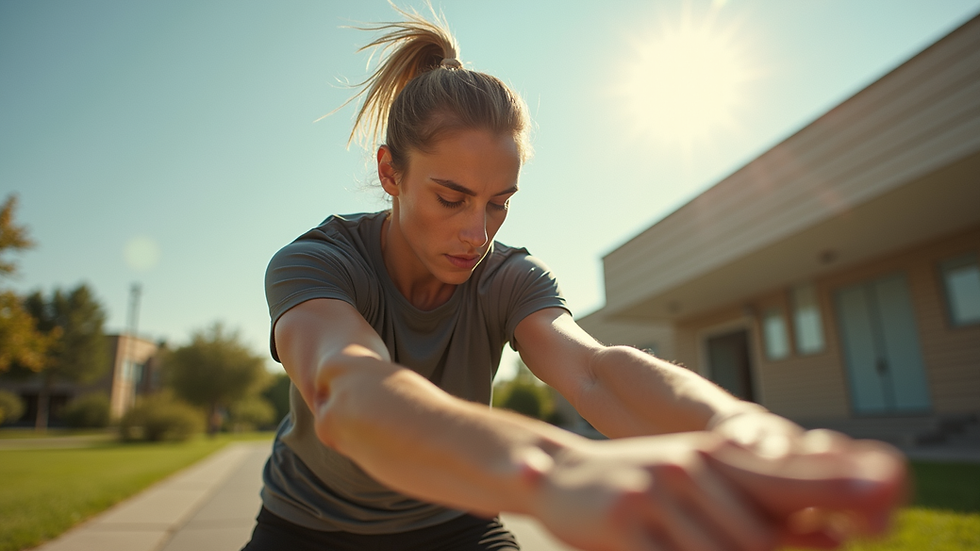 Eye-level view of a person stretching muscles outdoors