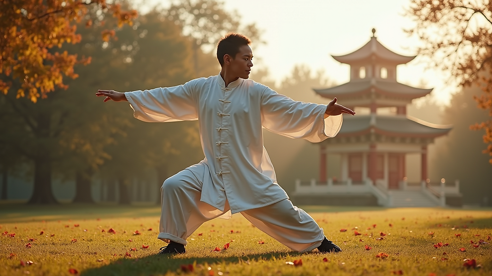 Wide angle view of serene outdoor Tai Chi practice
