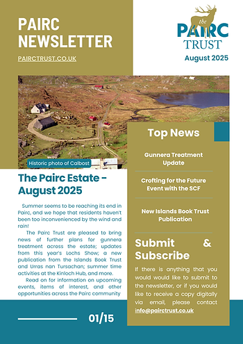 Alt text: Newsletter cover with a historic photo of Gravir. Headlines include news on gunnera treatment, youth survey, and a market event.