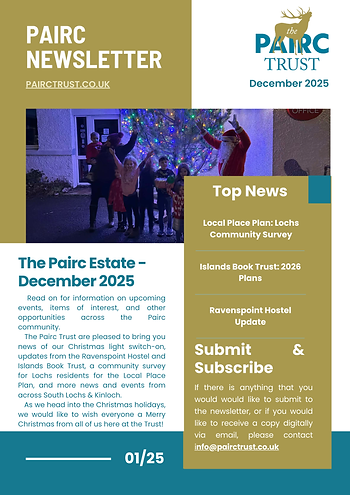 Newsletter with festive image of children and Santa under Christmas lights. Text includes Pairc Trust news, events, and contact info.