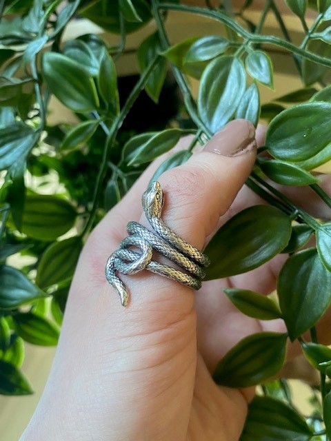 A silver snake ring in the form of a coiled snake, worn on a woman's thumb. Green leaves in the background.