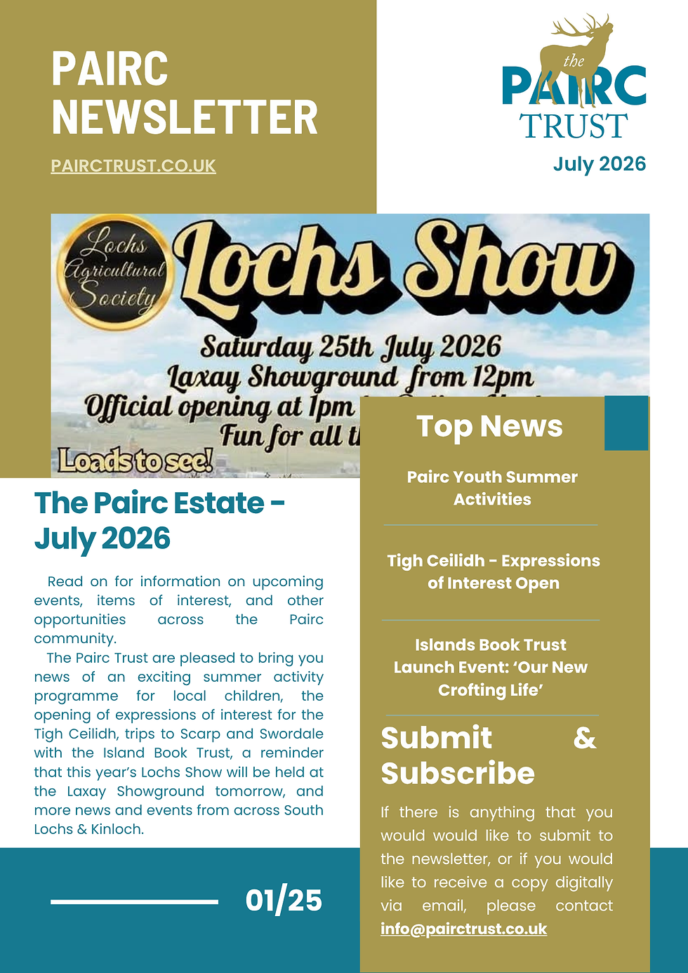 PAIRC Trust newsletter cover for July 2026 with Lochs Show promo, top news, and Submit & Subscribe sections.