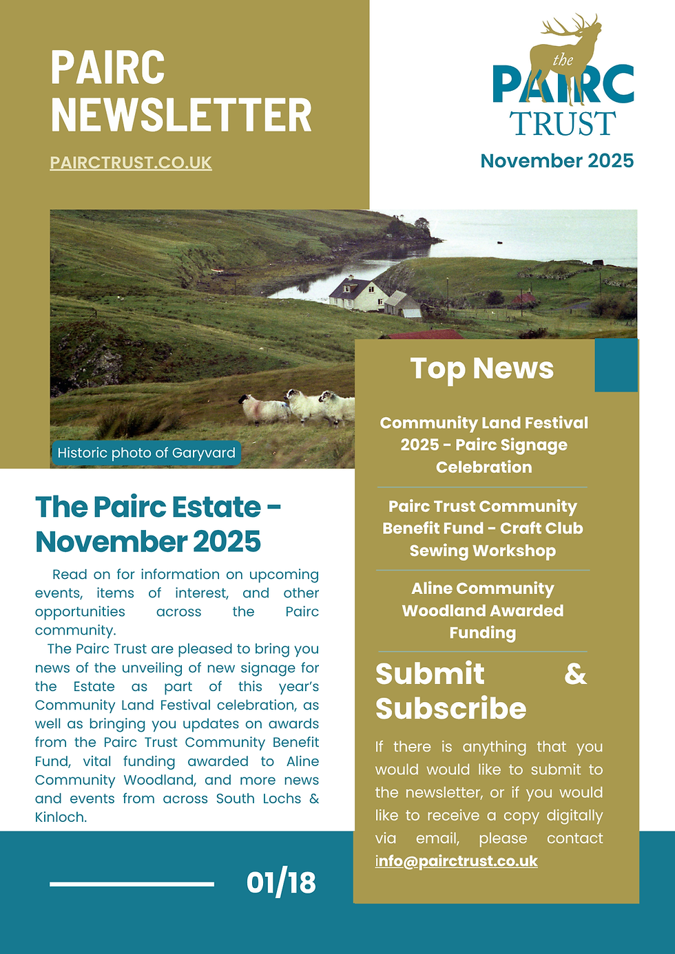 Pairc Newsletter cover featuring a historic photo of Garyvard, November 2025 edition, with top news, events, and subscription info.