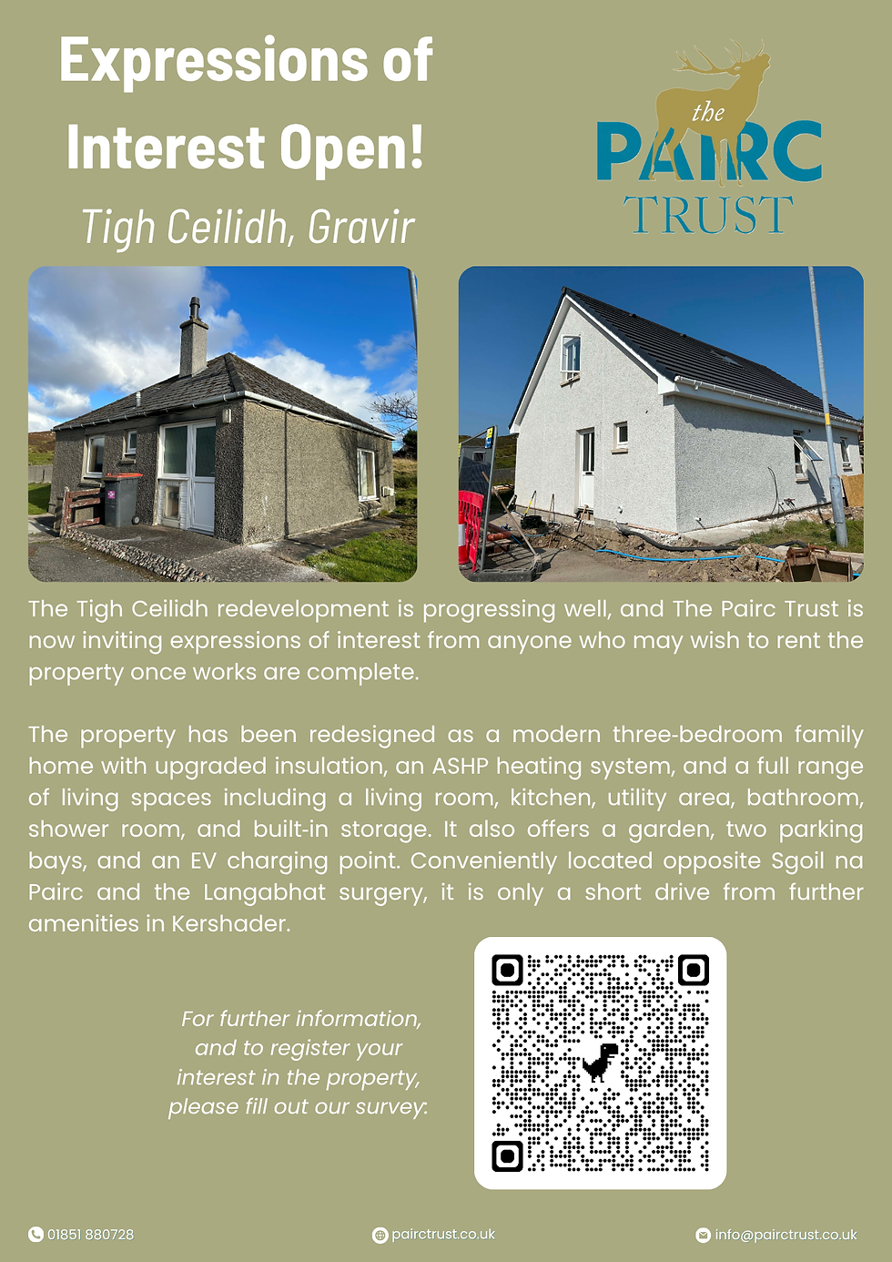 Poster for The Pairc Trust: Expressions of Interest Open for Tigh Ceilidh/Gravir, with house photos, QR code, and property details.